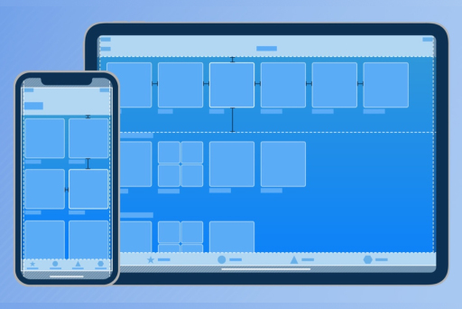 Diagram of an iPhone and iPad with alignment and spacing guides visible.