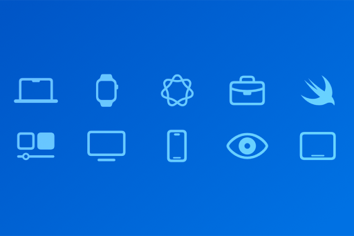 A series of icons representing various Apple products and technologies including Mac, Apple Watch, Apple Intelligence, Enterprise Apps, Swift, iPhone, Vision, and iPad.