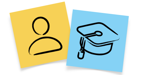 Illustration of two sticky notes, a blue sticky note with a hand-drawn graduation cap overlapping a yellow sticky note with a hand-drawn person.